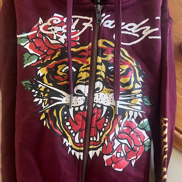 Ed Hardy Burgundy Hoodie with Tiger and Rose Design Size Medium New With Tsg - Picture 3 of 10